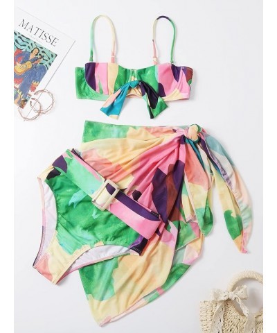 Women's 3 Piece Graphic Belted Bikini Set Swimsuit and Cover Up Beach Skirt Green $14.99 Swimsuits