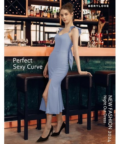 Women's Prom Dress Bodycon Split Backless Tie Casual Cocktail Party with Ruffle Sleeve Bridesmaid Dresses Sky Blue $18.19 Others