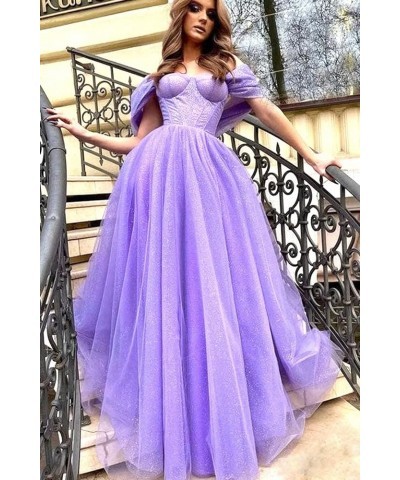 Glitter Tulle Prom Dresses Long 2023 Off Shoulder Sweetheart Formal Evening Party Gowns with Slit A-cameo Brown $37.73 Dresses