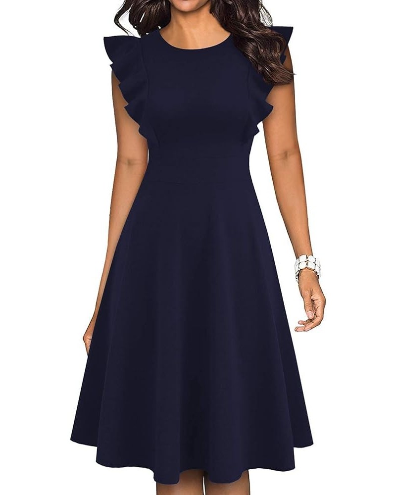 Women's Vintage Ruffle Floral Flared A Line Swing Casual Cocktail Party Dresses with Pockets 4a-pure Navy Blue $18.48 Dresses