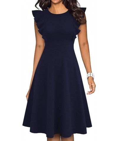 Women's Vintage Ruffle Floral Flared A Line Swing Casual Cocktail Party Dresses with Pockets 4a-pure Navy Blue $18.48 Dresses