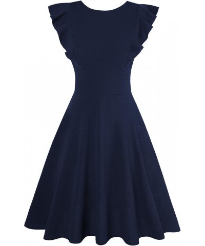 Women's Vintage Ruffle Floral Flared A Line Swing Casual Cocktail Party Dresses with Pockets 4a-pure Navy Blue $18.48 Dresses