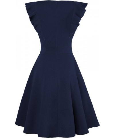 Women's Vintage Ruffle Floral Flared A Line Swing Casual Cocktail Party Dresses with Pockets 4a-pure Navy Blue $18.48 Dresses