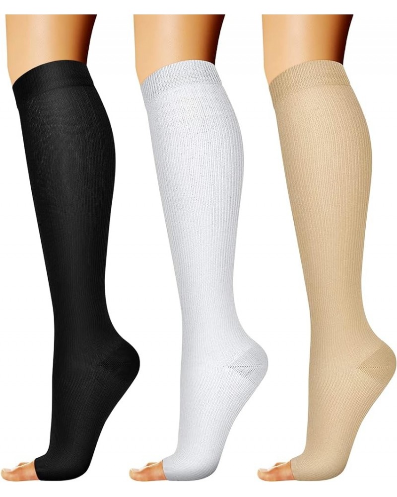 3 Pairs Open Toe Compression Socks 15-20mmHg, Toeless Compression Socks Women 02 Black/White/Beige $9.71 Activewear