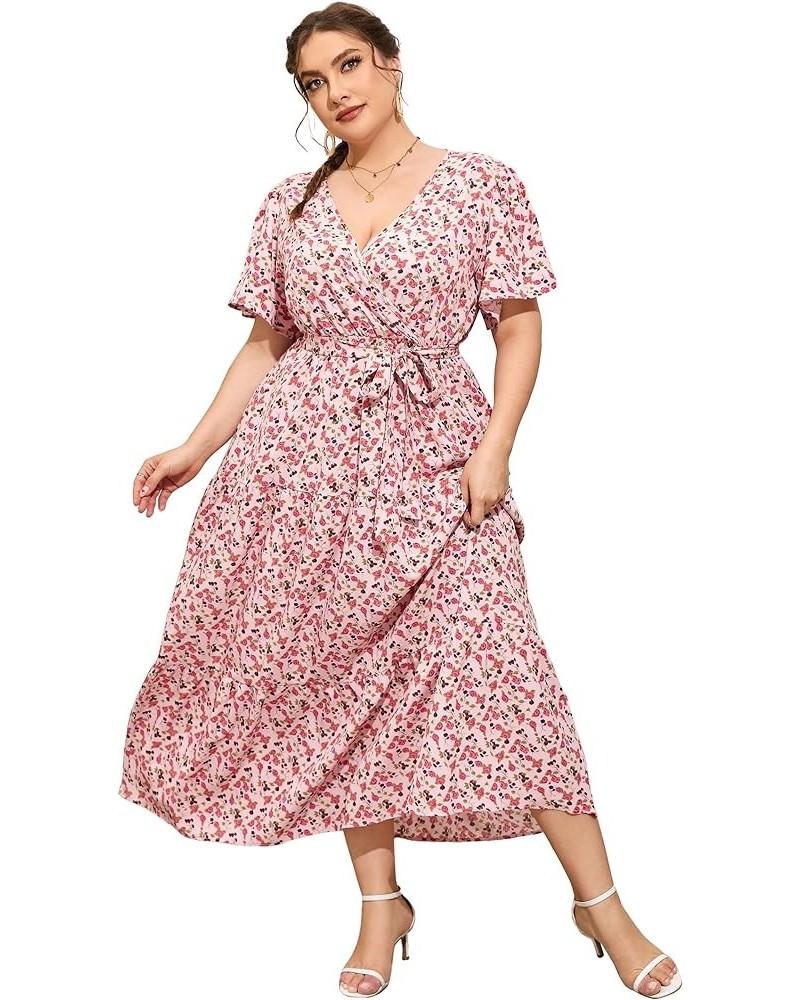 Womens Plus Size V Neck Wrap Maxi Dress High Waist Ruffle Summer Casual Dress with Belt Light Pink Rose $22.87 Dresses