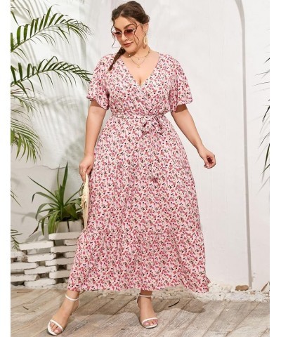 Womens Plus Size V Neck Wrap Maxi Dress High Waist Ruffle Summer Casual Dress with Belt Light Pink Rose $22.87 Dresses