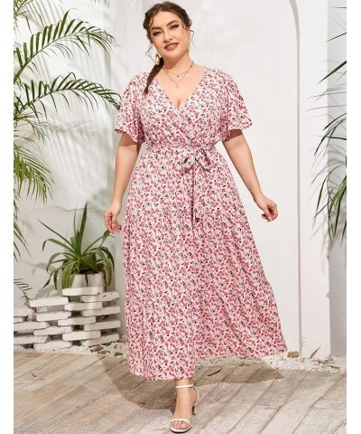 Womens Plus Size V Neck Wrap Maxi Dress High Waist Ruffle Summer Casual Dress with Belt Light Pink Rose $22.87 Dresses