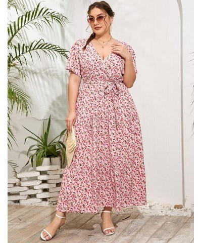 Womens Plus Size V Neck Wrap Maxi Dress High Waist Ruffle Summer Casual Dress with Belt Light Pink Rose $22.87 Dresses