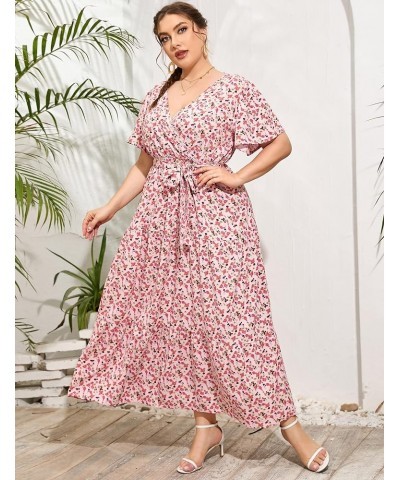 Womens Plus Size V Neck Wrap Maxi Dress High Waist Ruffle Summer Casual Dress with Belt Light Pink Rose $22.87 Dresses