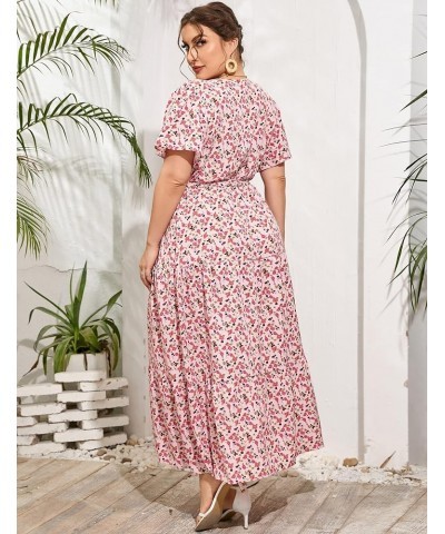 Womens Plus Size V Neck Wrap Maxi Dress High Waist Ruffle Summer Casual Dress with Belt Light Pink Rose $22.87 Dresses