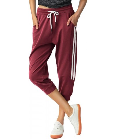 Capri Sweatpants for Women Casual Capri Pants Capri Joggers Sports Pants Cropped Joggers with Pockets Wine Red $16.79 Pants