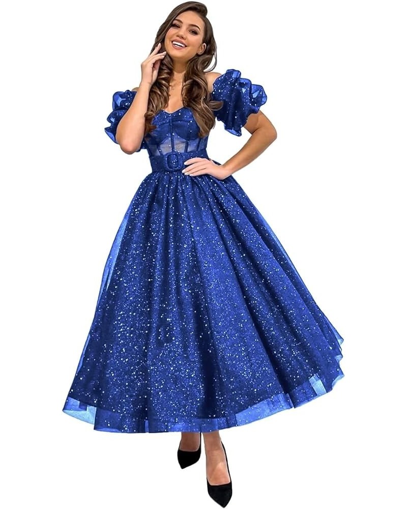 Women's Glitter Tulle Prom Dresses Tea Length Puffy Sleeve Off Shoulder Corset Formal Evening Party Ball Gowns Royal Blue $40...