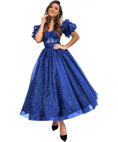 Women's Glitter Tulle Prom Dresses Tea Length Puffy Sleeve Off Shoulder Corset Formal Evening Party Ball Gowns Royal Blue $40...