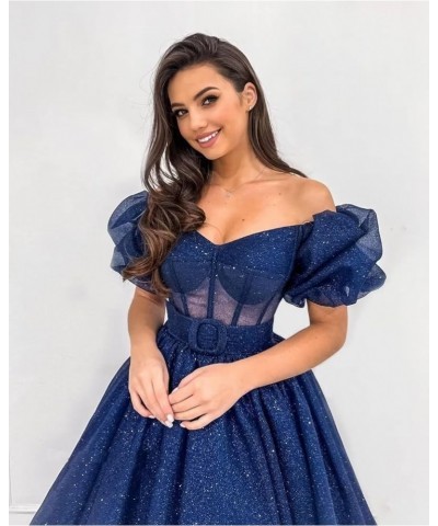 Women's Glitter Tulle Prom Dresses Tea Length Puffy Sleeve Off Shoulder Corset Formal Evening Party Ball Gowns Royal Blue $40...