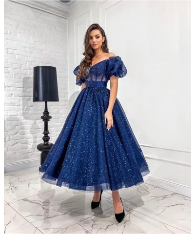 Women's Glitter Tulle Prom Dresses Tea Length Puffy Sleeve Off Shoulder Corset Formal Evening Party Ball Gowns Royal Blue $40...