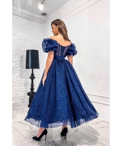 Women's Glitter Tulle Prom Dresses Tea Length Puffy Sleeve Off Shoulder Corset Formal Evening Party Ball Gowns Royal Blue $40...