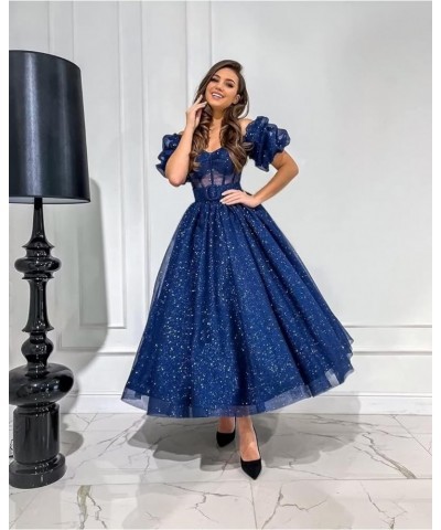 Women's Glitter Tulle Prom Dresses Tea Length Puffy Sleeve Off Shoulder Corset Formal Evening Party Ball Gowns Royal Blue $40...