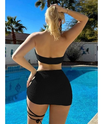 Women's 3 Piece Swimsuit Criss Cross Halter High Cut Bikini Set with Lace Up Cover Up Skirt Black $13.60 Swimsuits