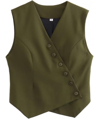 Cropped Suit Vest for Women 2024 Button Up Business Casual Dressy Waistcoat Vest Tops Army Green $16.82 Vests