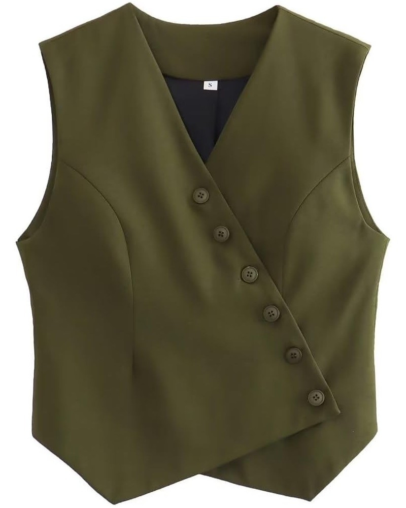 Cropped Suit Vest for Women 2024 Button Up Business Casual Dressy Waistcoat Vest Tops Army Green $16.82 Vests