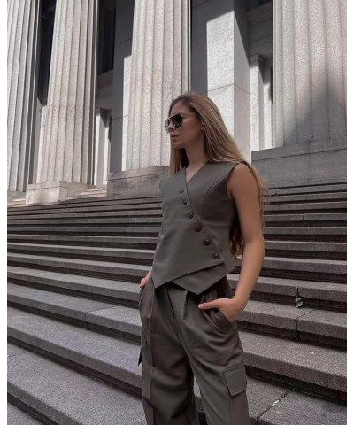 Cropped Suit Vest for Women 2024 Button Up Business Casual Dressy Waistcoat Vest Tops Army Green $16.82 Vests