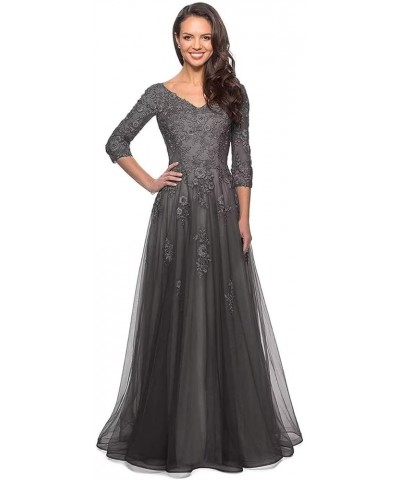 Women's V Neck Tulle Mother of Bride Dresses with 3/4 Sleeve Lace Appliques Long Formal Evening Gowns Gray $49.39 Dresses