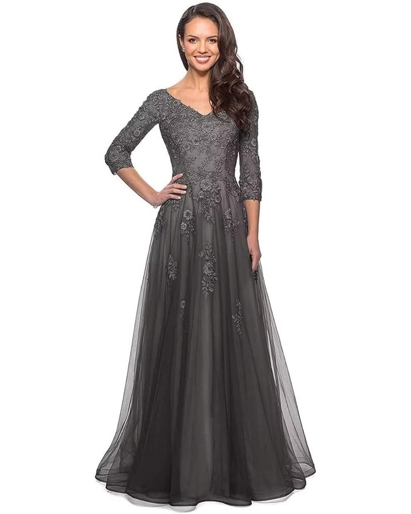 Women's V Neck Tulle Mother of Bride Dresses with 3/4 Sleeve Lace Appliques Long Formal Evening Gowns Gray $49.39 Dresses