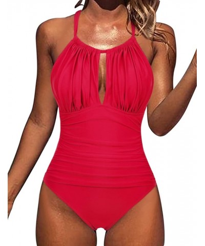 Women's High Neck One Piece Swimsuits Plunge Cut Out Swimwear Ruched Tummy Control Bathing Suits Red $23.77 Swimsuits