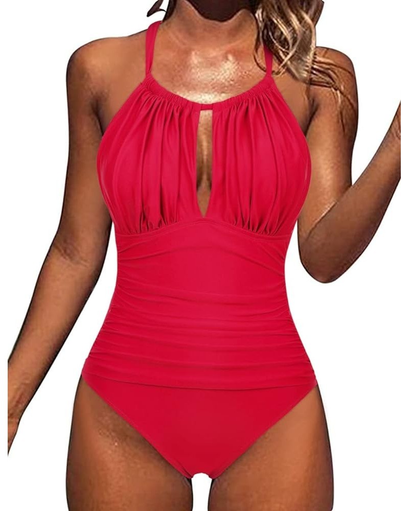 Women's High Neck One Piece Swimsuits Plunge Cut Out Swimwear Ruched Tummy Control Bathing Suits Red $23.77 Swimsuits