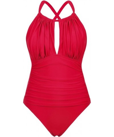 Women's High Neck One Piece Swimsuits Plunge Cut Out Swimwear Ruched Tummy Control Bathing Suits Red $23.77 Swimsuits