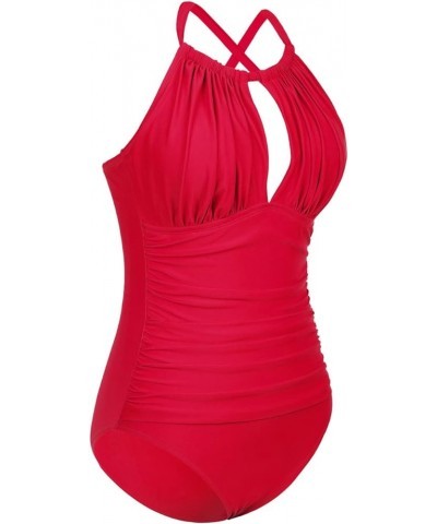 Women's High Neck One Piece Swimsuits Plunge Cut Out Swimwear Ruched Tummy Control Bathing Suits Red $23.77 Swimsuits