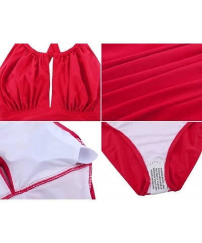 Women's High Neck One Piece Swimsuits Plunge Cut Out Swimwear Ruched Tummy Control Bathing Suits Red $23.77 Swimsuits