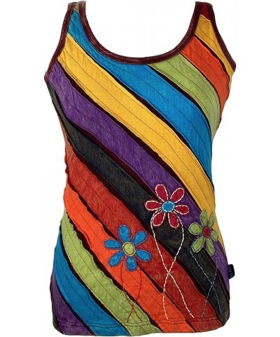 Women's Knit Stretchy Rib Cotton Funky Boho Gypsy Hippie Handcrafted Razor Cut Embroidery Patchwork Summer Tank Top Cami Mult...