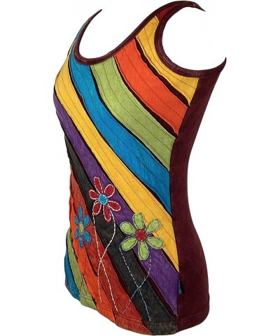 Women's Knit Stretchy Rib Cotton Funky Boho Gypsy Hippie Handcrafted Razor Cut Embroidery Patchwork Summer Tank Top Cami Mult...