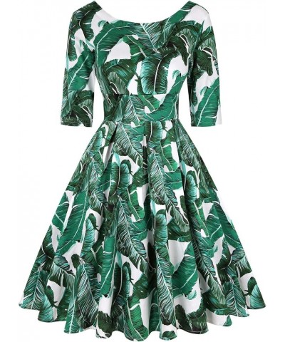 Women's 1950s Retro Rockabilly Dress 3/4 Sleeve Cocktail Party Vintage Swing Dresses Tropical Green $23.39 Dresses