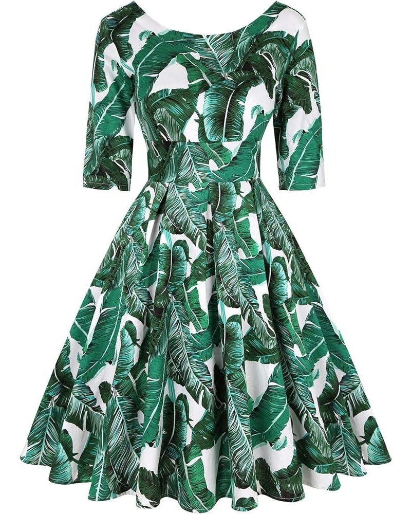 Women's 1950s Retro Rockabilly Dress 3/4 Sleeve Cocktail Party Vintage Swing Dresses Tropical Green $23.39 Dresses