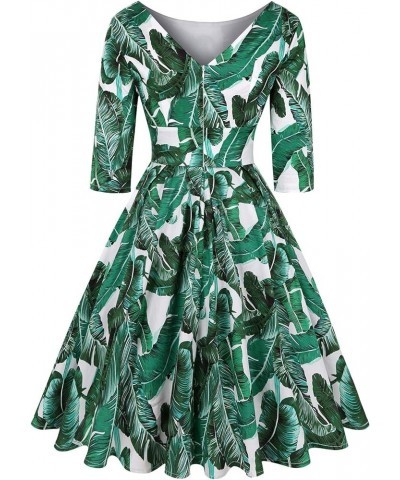 Women's 1950s Retro Rockabilly Dress 3/4 Sleeve Cocktail Party Vintage Swing Dresses Tropical Green $23.39 Dresses