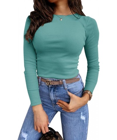 Women's Long Sleeve Stretch Slim Fitted Ribbed T-Shirt Blouse Cut Out Solid Basic Tops Green $13.33 Blouses