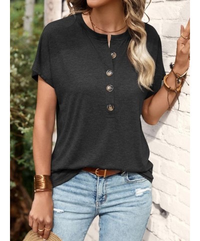 Women's Half Button Front Blouses Tops Casual Comfy Basic Short Sleeve Tee Shirts Dark Grey $10.50 Blouses