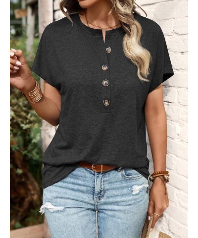 Women's Half Button Front Blouses Tops Casual Comfy Basic Short Sleeve Tee Shirts Dark Grey $10.50 Blouses