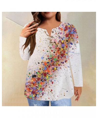 Plus Size Tunic Tops for Women Long Sleeve Henley Button Down Shirts Fall Trendy T Shirt Ethnic Floral Sweatshirts M503-white...