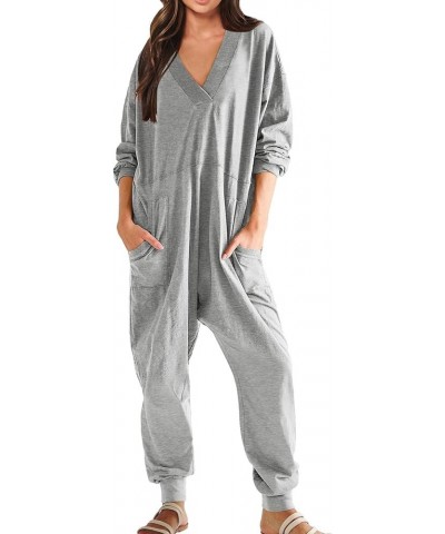 Women's Casual Loose Jumpsuits 2024 Oversized V Neck Rompers Baggy Overalls Lounge Pajamas Long Sleeve Onesie Jumper Gray $10...