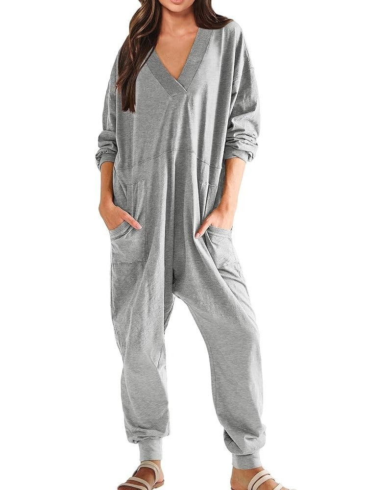 Women's Casual Loose Jumpsuits 2024 Oversized V Neck Rompers Baggy Overalls Lounge Pajamas Long Sleeve Onesie Jumper Gray $10...