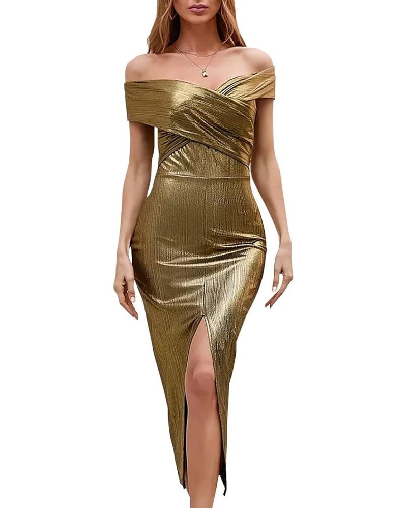 Women's Sexy V-Neck Off The Shoulder Bodycon Party Cocktail Maxi Dress Stripe Mermaid Evening Gown 5466_2gold $25.99 Dresses