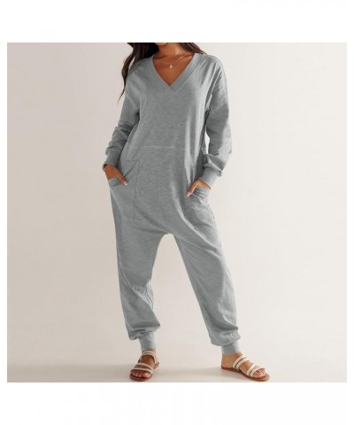 Women's Casual Loose Jumpsuits 2024 Oversized V Neck Rompers Baggy Overalls Lounge Pajamas Long Sleeve Onesie Jumper Gray $10...