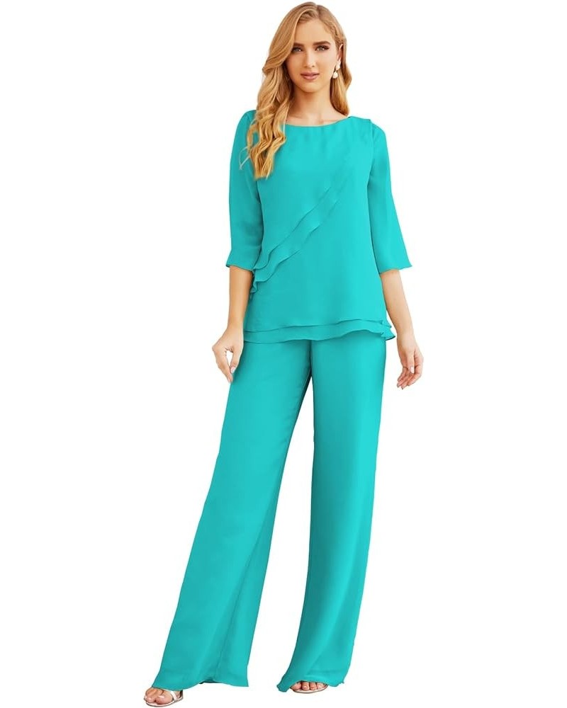 Chiffon Mother of The Bride Dress Plus Size Pant Suits Ruffle Layers Turquoise $37.50 Suits