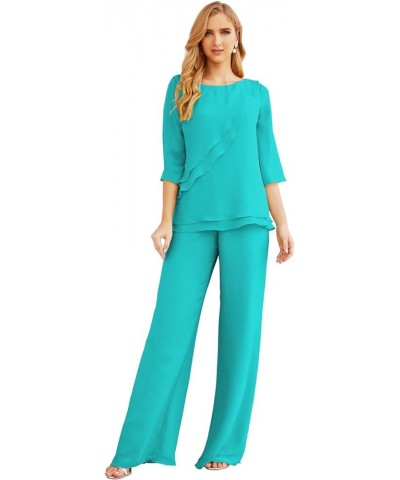 Chiffon Mother of The Bride Dress Plus Size Pant Suits Ruffle Layers Turquoise $37.50 Suits