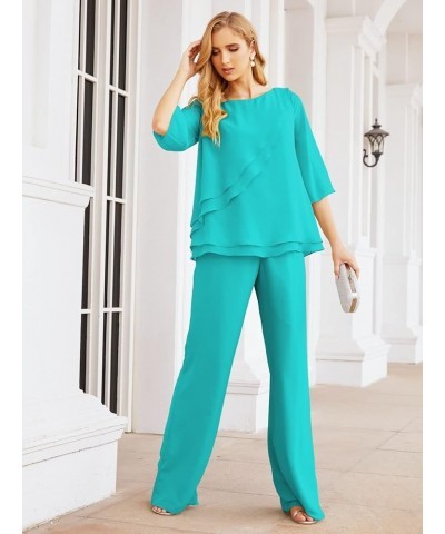 Chiffon Mother of The Bride Dress Plus Size Pant Suits Ruffle Layers Turquoise $37.50 Suits