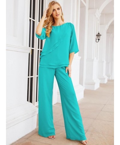 Chiffon Mother of The Bride Dress Plus Size Pant Suits Ruffle Layers Turquoise $37.50 Suits