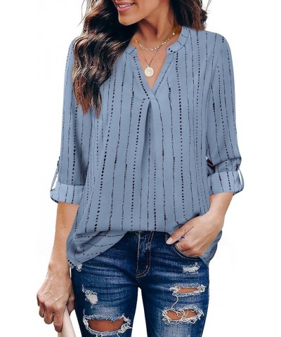 Women's Blouses 3/4 Sleeve Work Shirt Chiffon Tunic Top Office Wear Stripe Blue Grey $17.84 Blouses